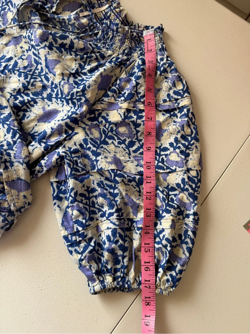 Free People Cotton Willow Printed Boho Blouse Smock-Neck Short Puff Sleeve